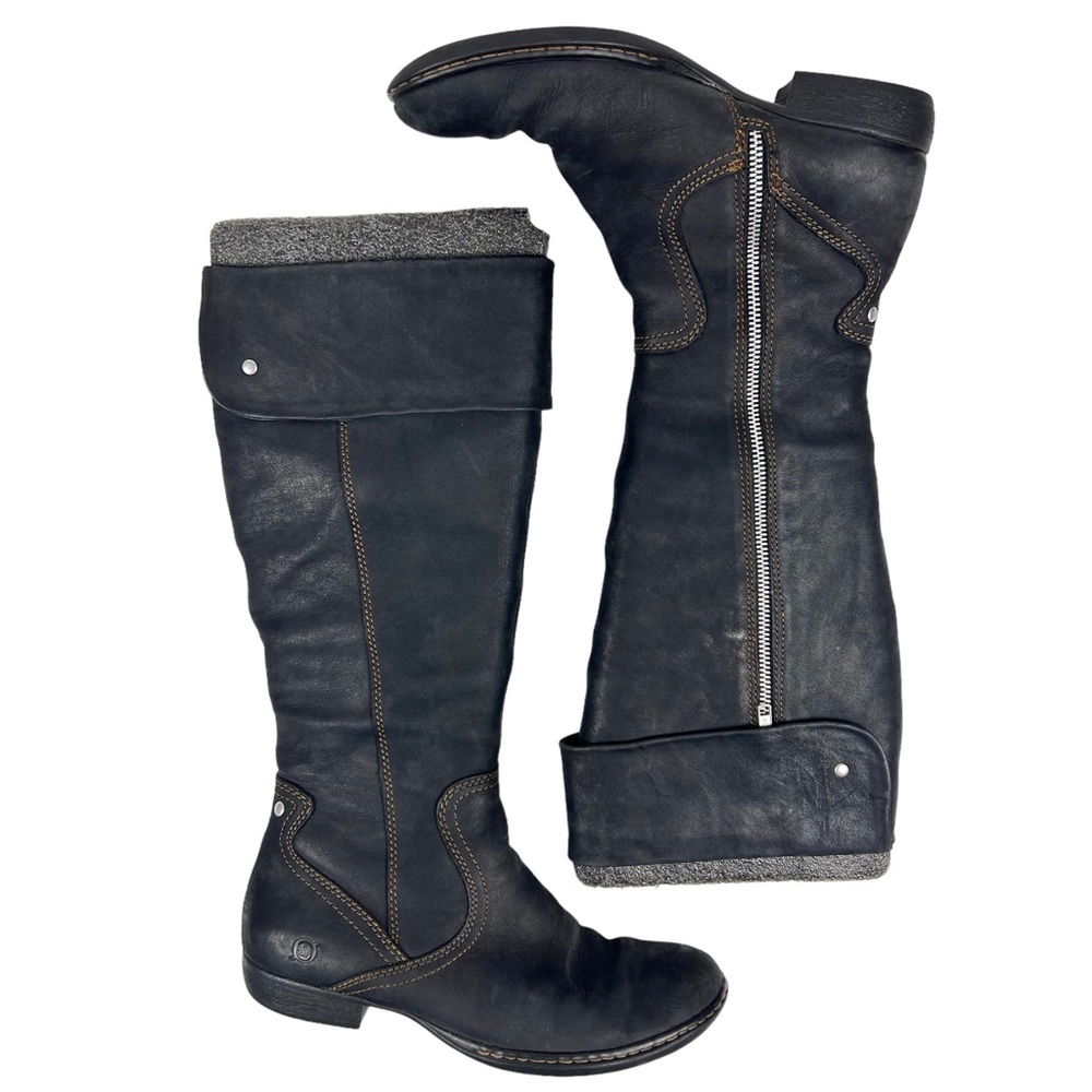 Born Tall Fold-Over Leather Riding Boots in Black with Gray Trim - Picture 6 of 15